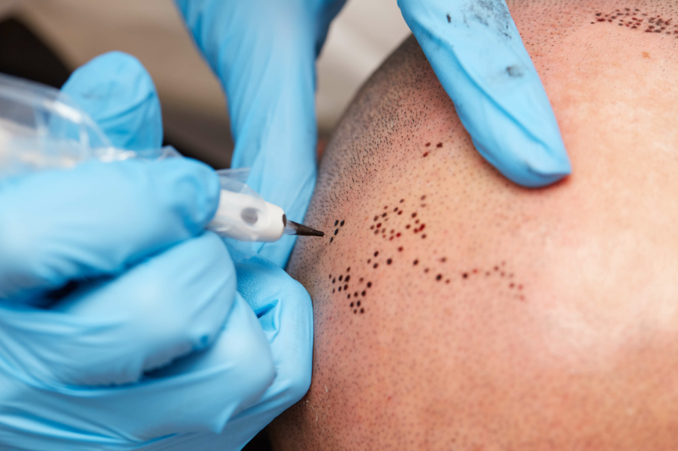 Close-up of a scalp micropigmentation procedure being performed with a tattooing tool.